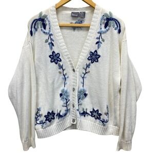 Adesso Vintage Womens White Floral Embroidered Beaded Cardigan Sweater Medium